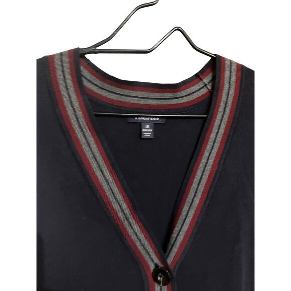 Lands End Cardigan Womens 1X Sweater Navy Blue Red Gray Tipped Fine Gauge Cotton - Picture 2 of 5